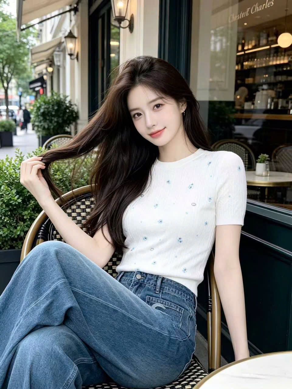  Áo thun trắng ngắn tay cổ tròn thêu hoa nhí 