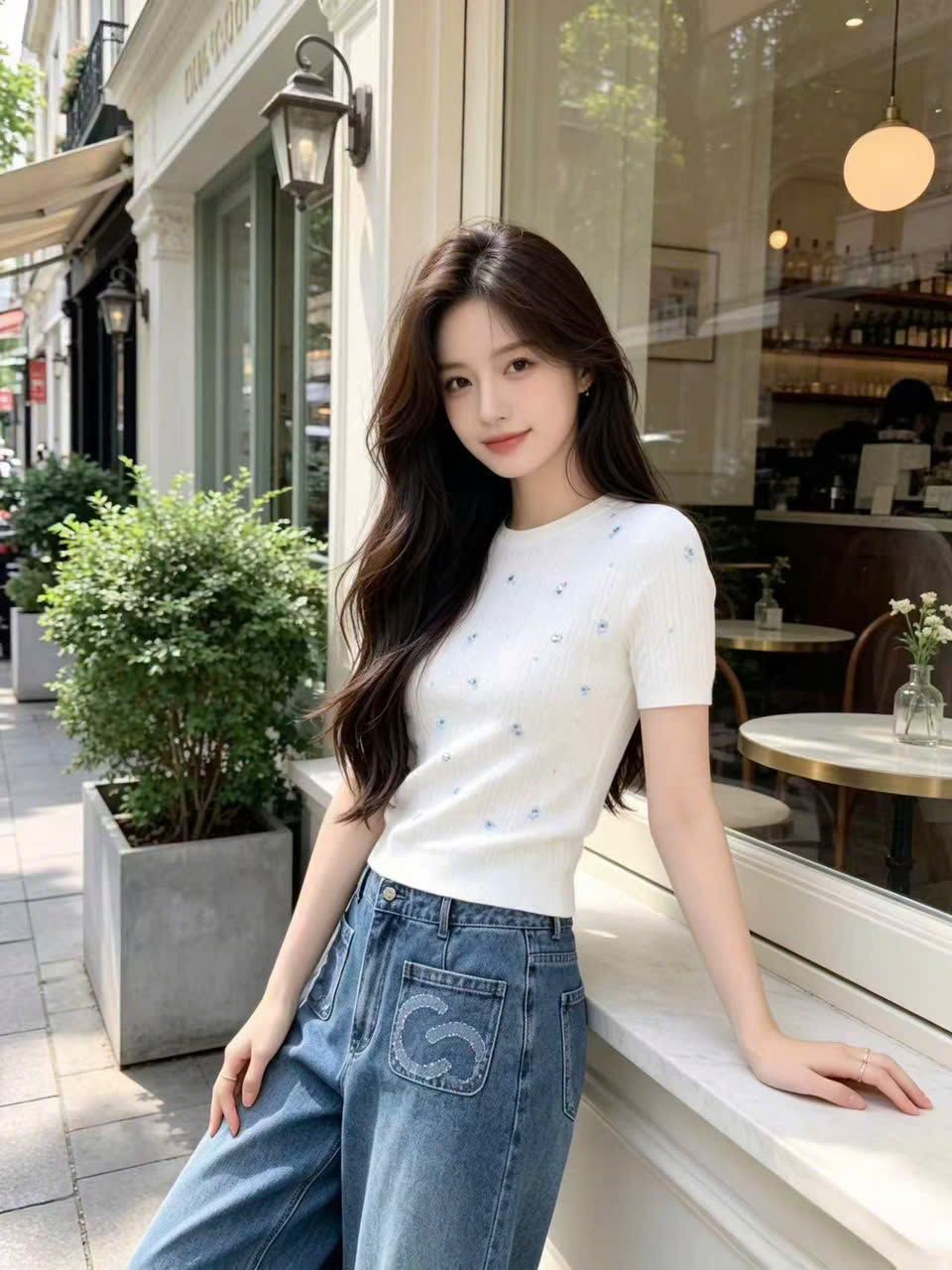  Áo thun trắng ngắn tay cổ tròn thêu hoa nhí 