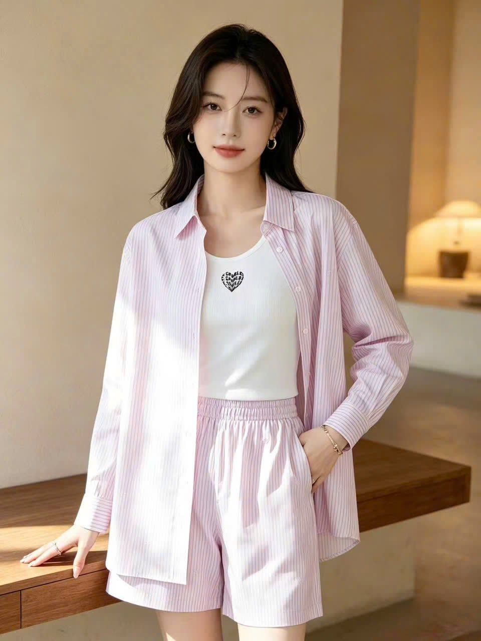  Bộ Áo sơ mi và quần sooc vải cạp chun - hồng kẻ dọc logo CC set 