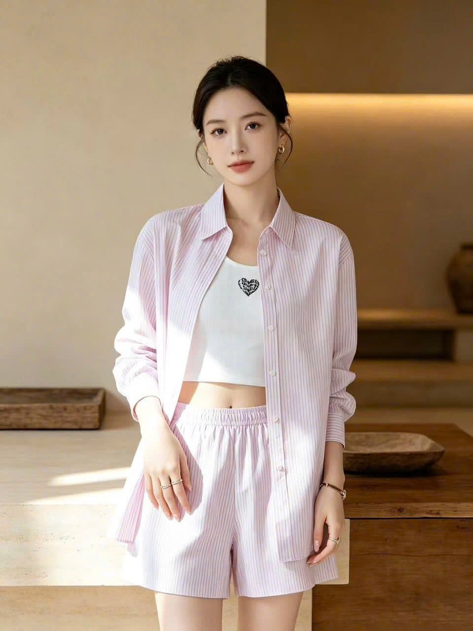  Bộ Áo sơ mi và quần sooc vải cạp chun - hồng kẻ dọc logo CC set 