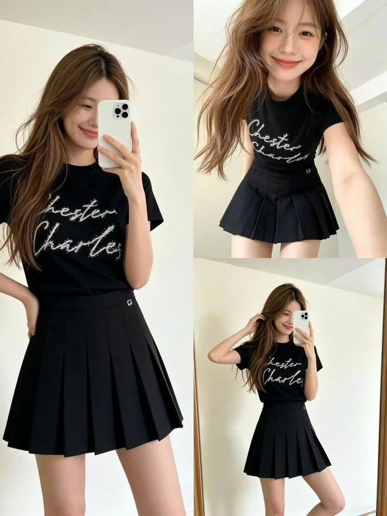  Chân váy đen ngắn đính logo 1 bên 