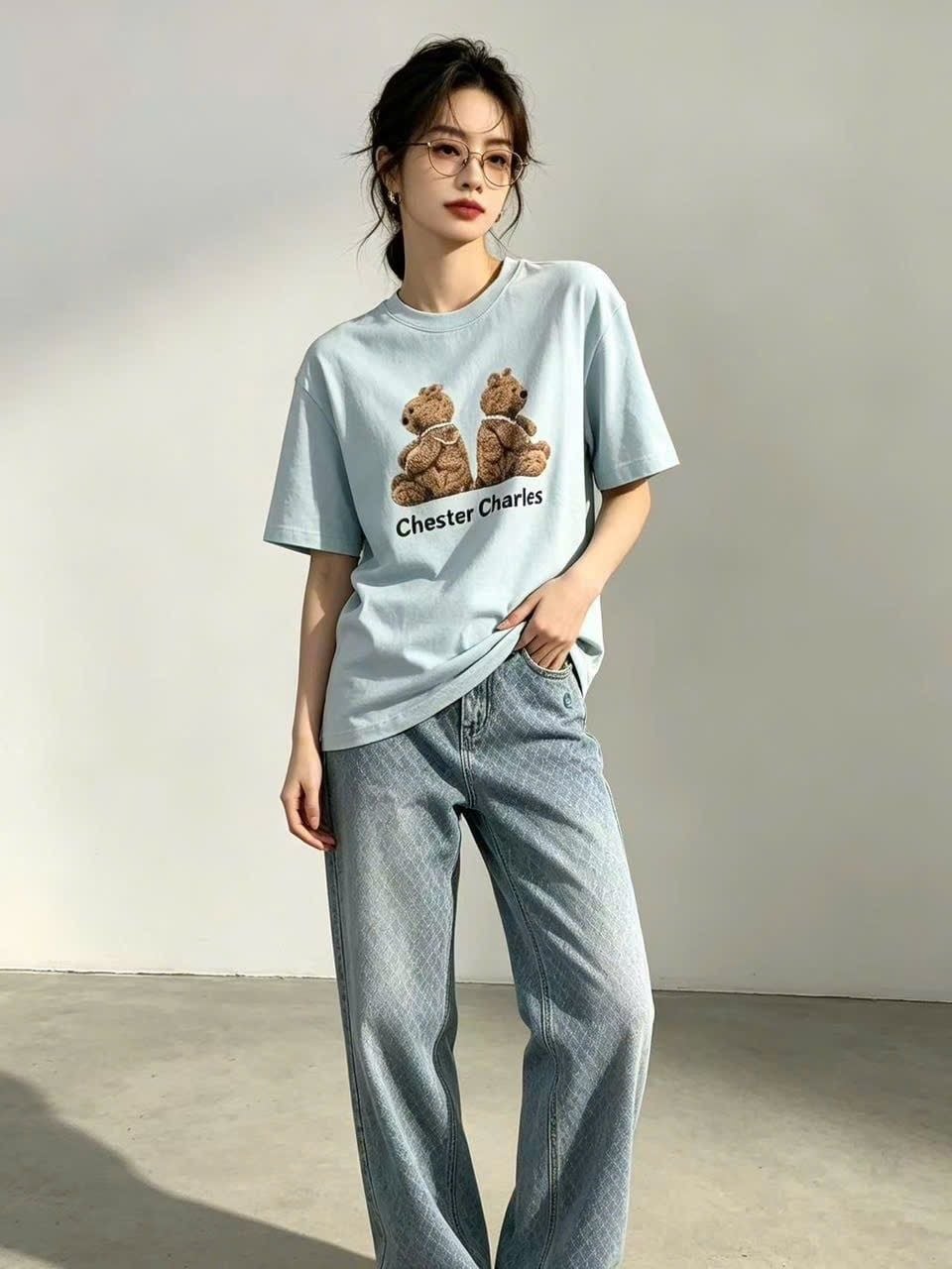  Áo thun Xanh Pastel Gấu đôi 