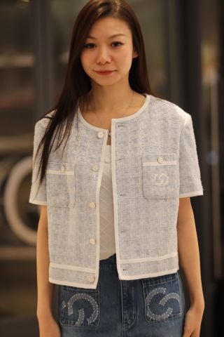  1.Áo tweed 2 túi ngực - xanh nhạt viền trắng 