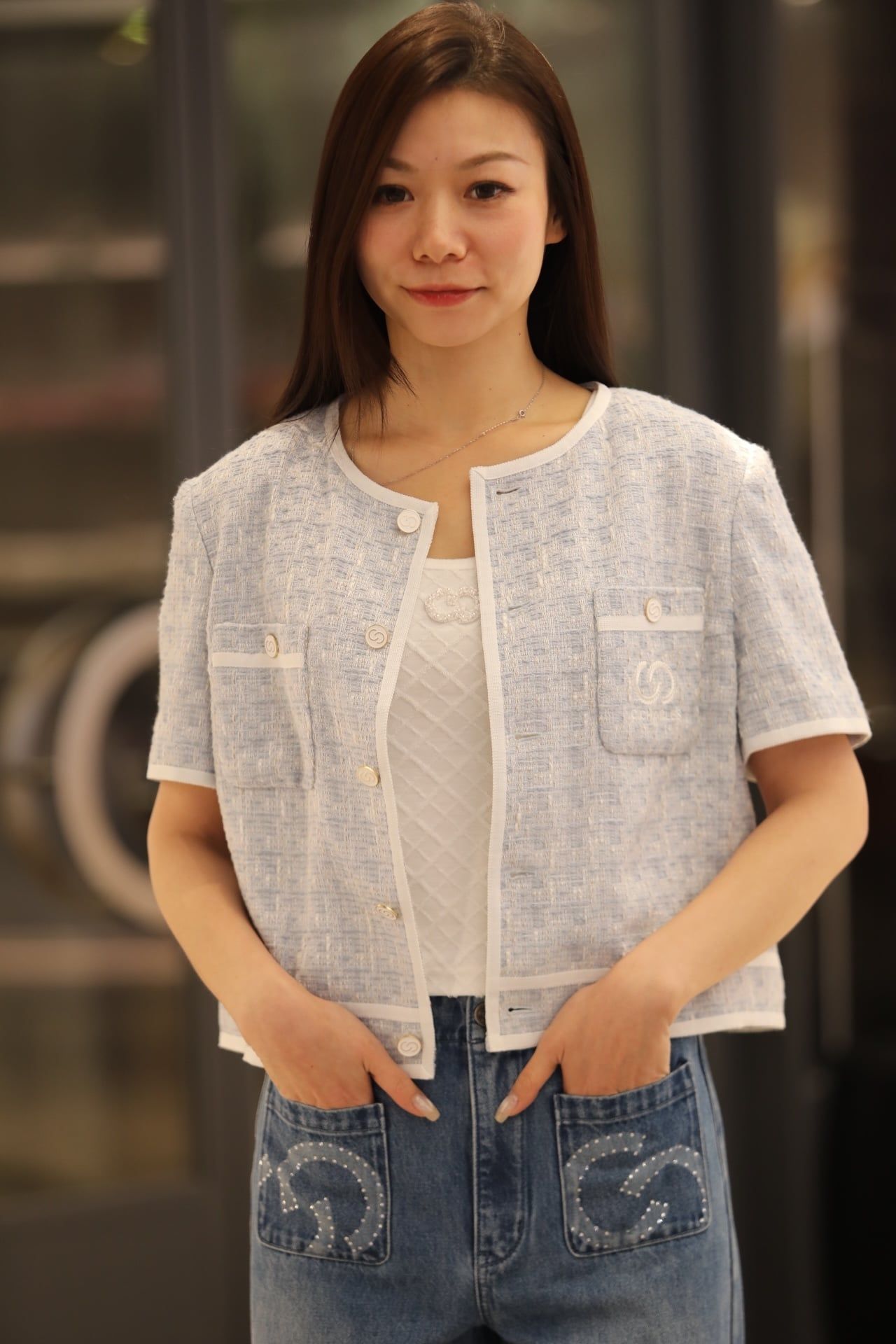  1.Áo tweed 2 túi ngực - xanh nhạt viền trắng 