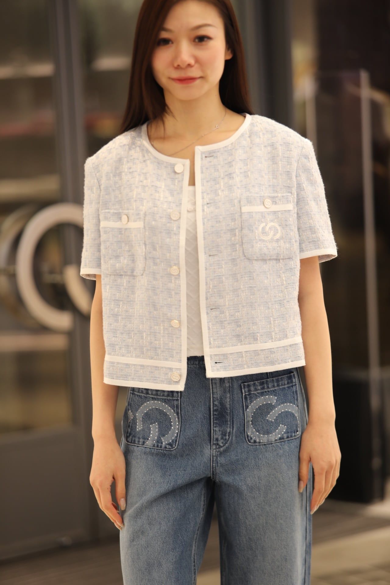  1.Áo tweed 2 túi ngực - xanh nhạt viền trắng 