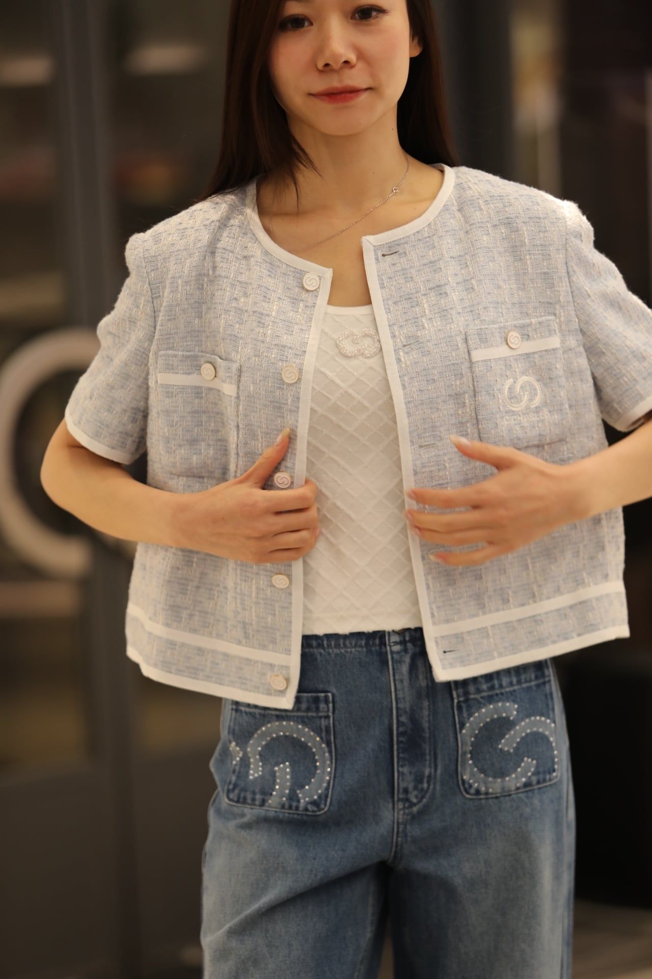  1.Áo tweed 2 túi ngực - xanh nhạt viền trắng 