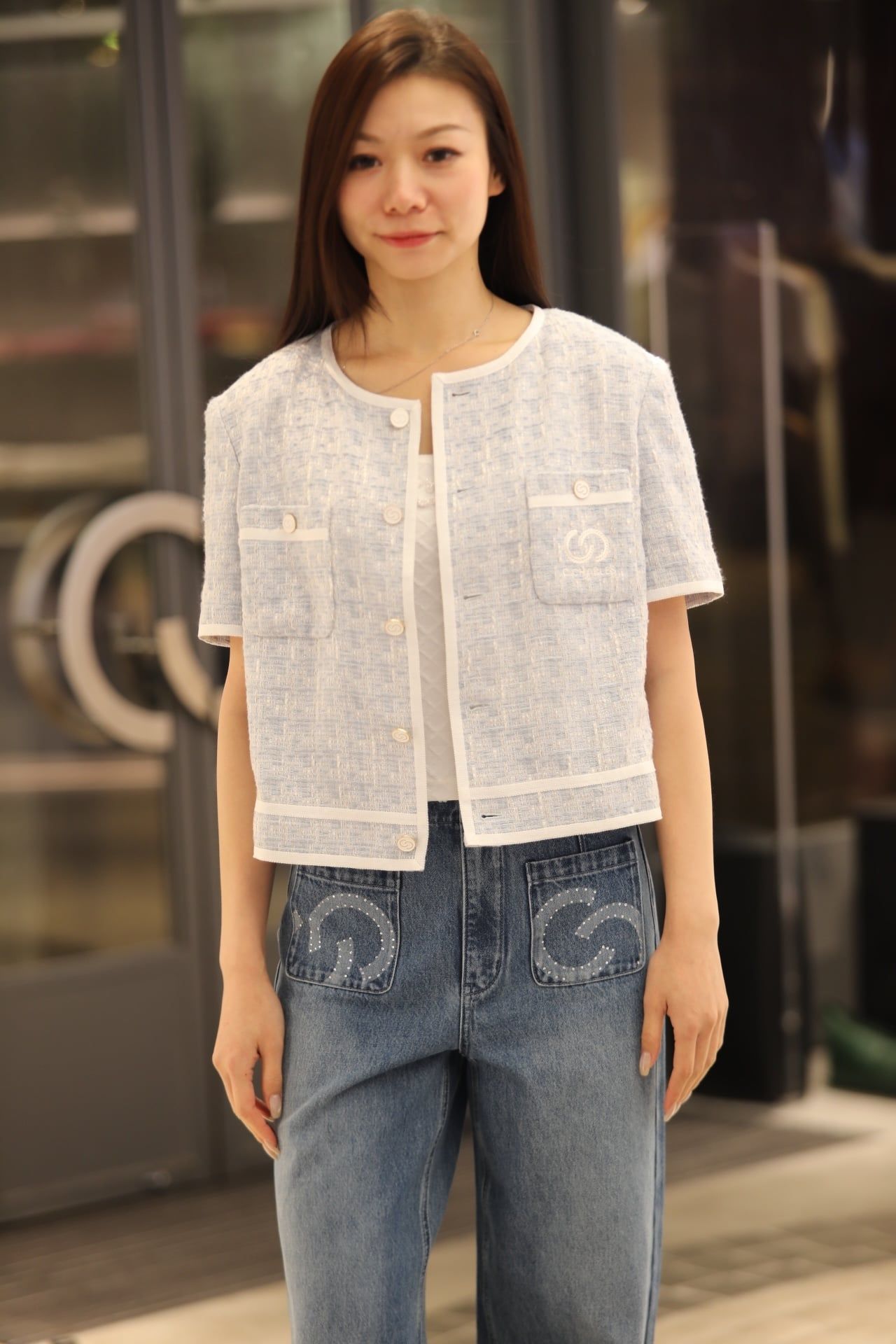  1.Áo tweed 2 túi ngực - xanh nhạt viền trắng 