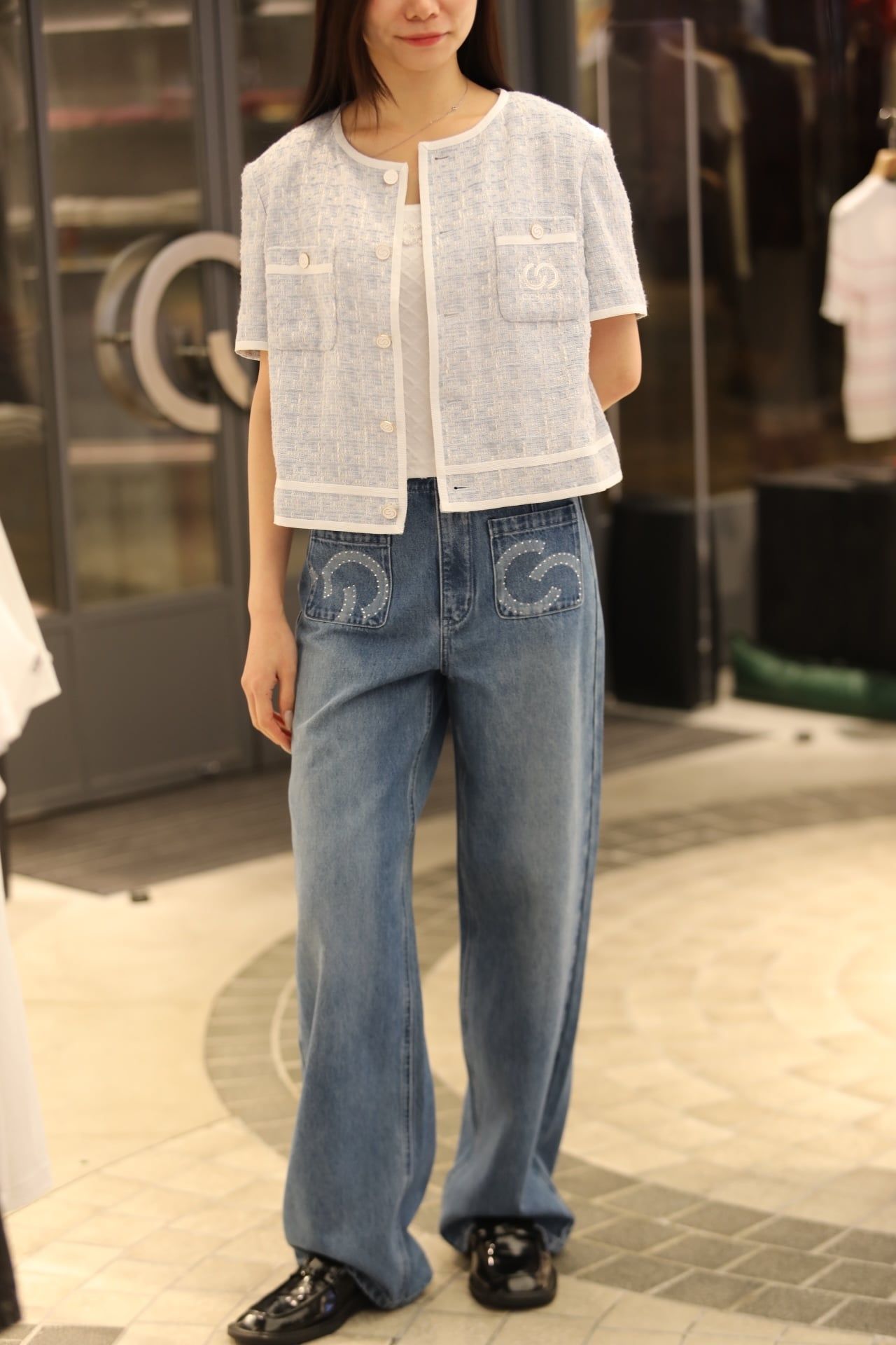  1.Áo tweed 2 túi ngực - xanh nhạt viền trắng 