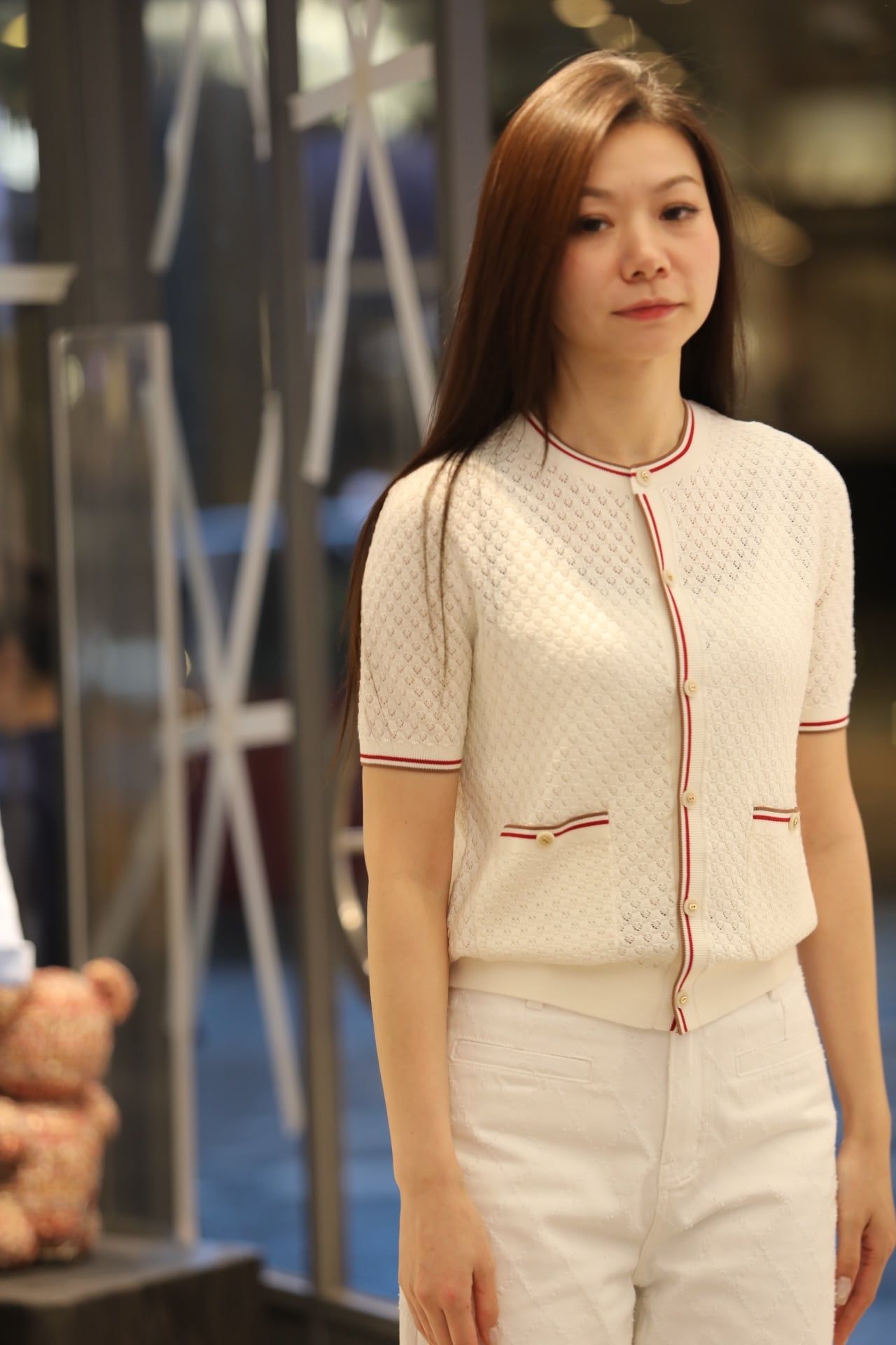  Áo CDG ngắn tay kem viền đỏ Burgundy 