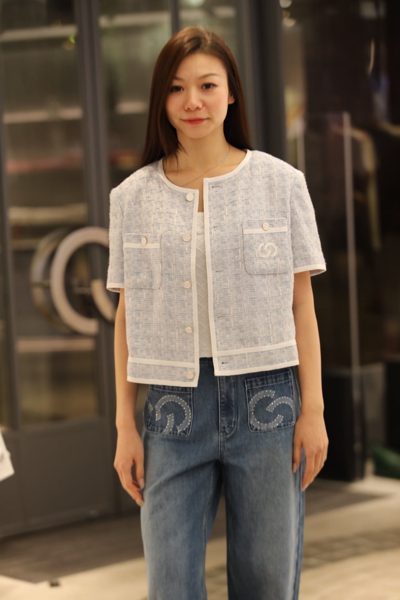  1.Áo tweed 2 túi ngực - xanh nhạt viền trắng 