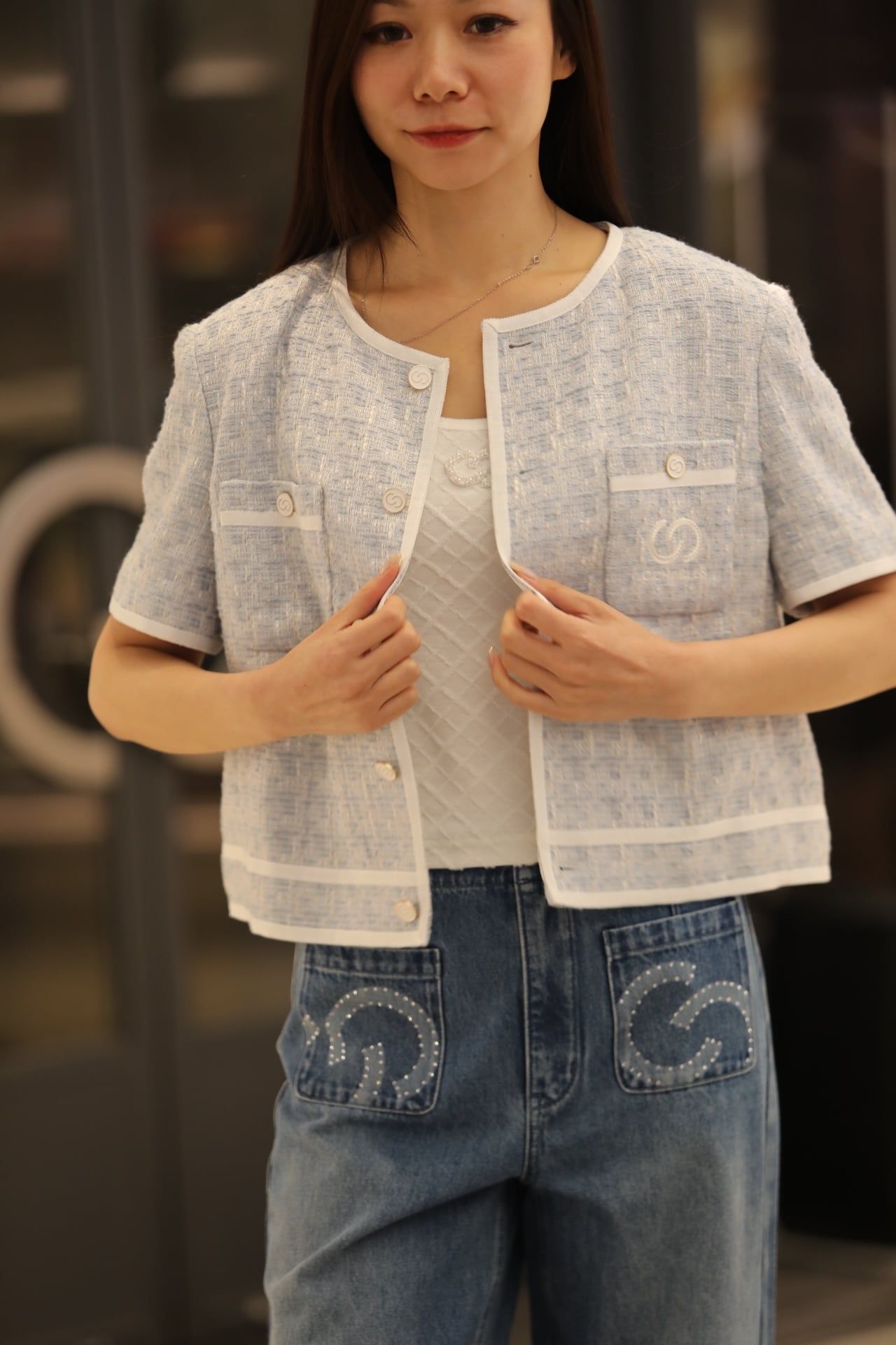 1.Áo tweed 2 túi ngực - xanh nhạt viền trắng 