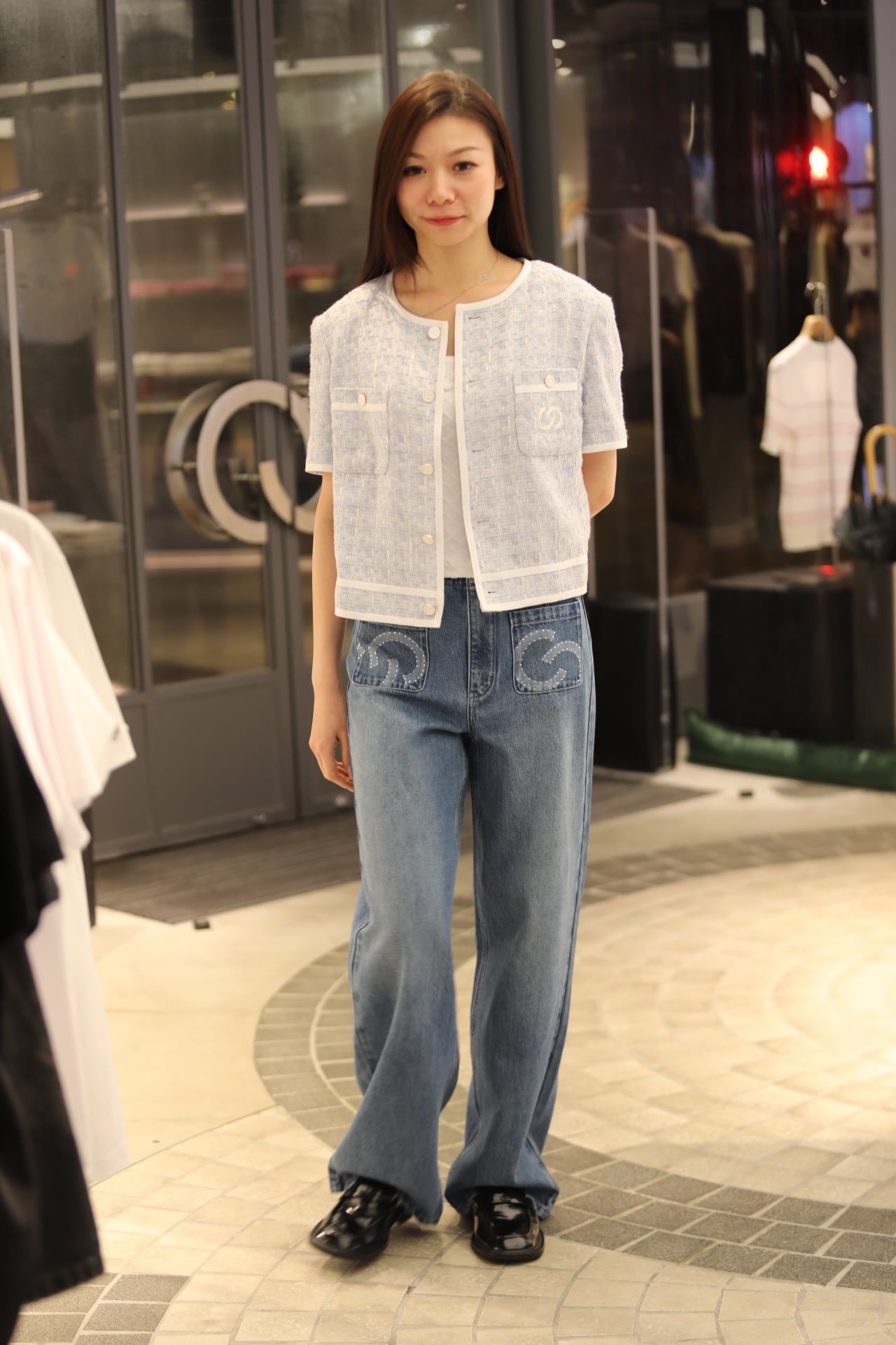  1.Áo tweed 2 túi ngực - xanh nhạt viền trắng 