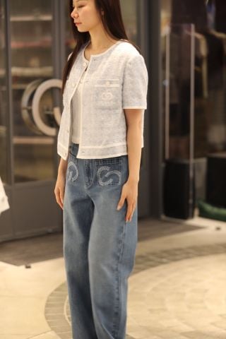  1.Áo tweed 2 túi ngực - xanh nhạt viền trắng 