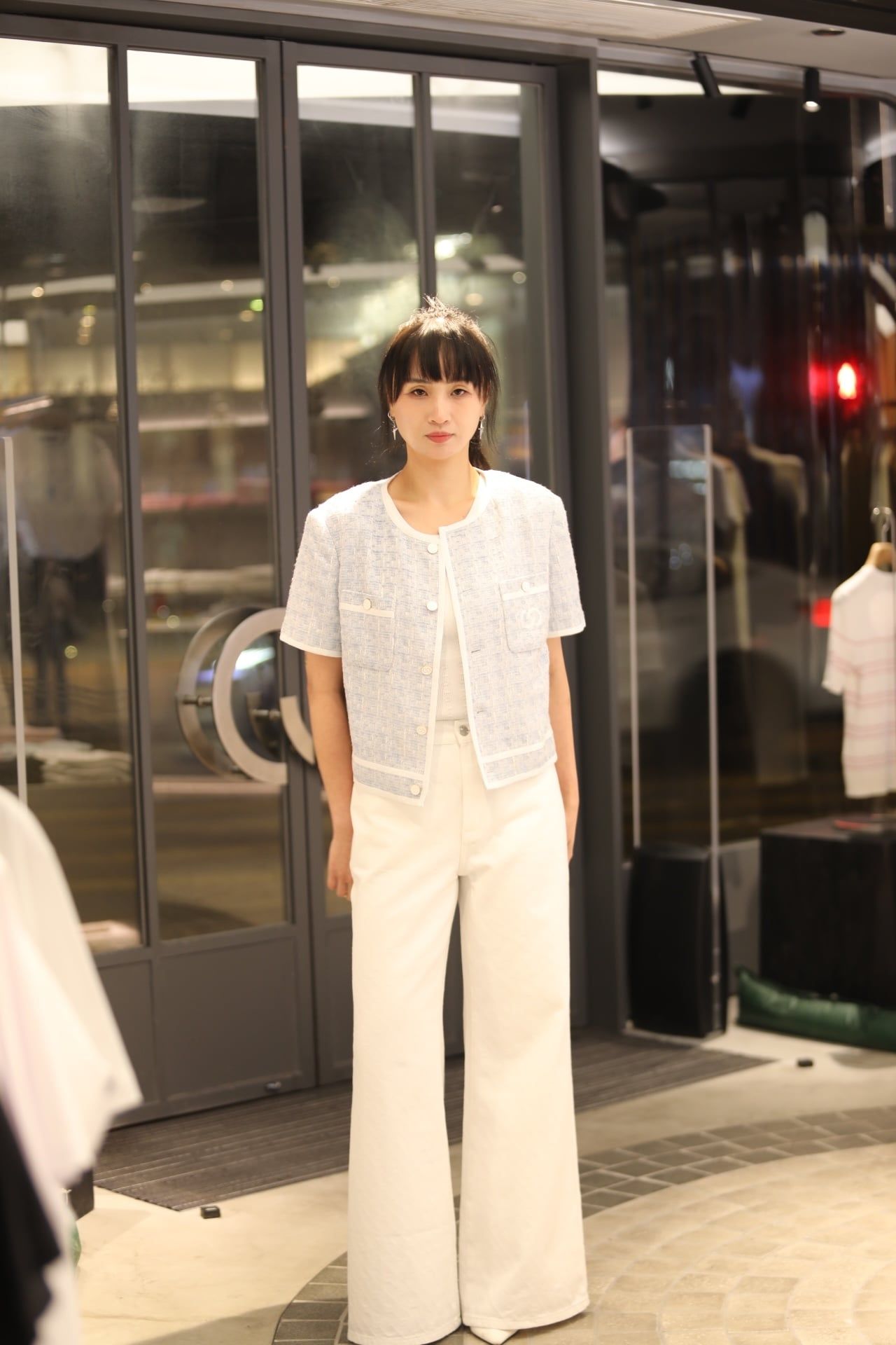  1.Áo tweed 2 túi ngực - xanh nhạt viền trắng 