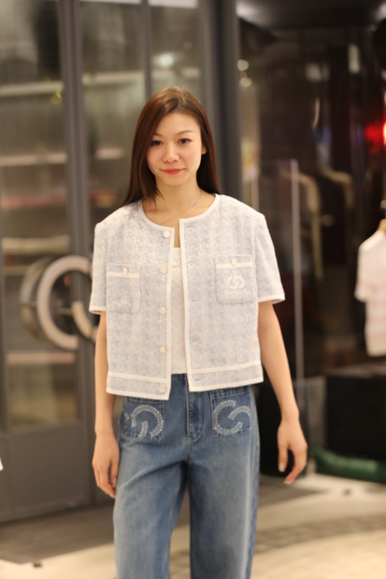  1.Áo tweed 2 túi ngực - xanh nhạt viền trắng 