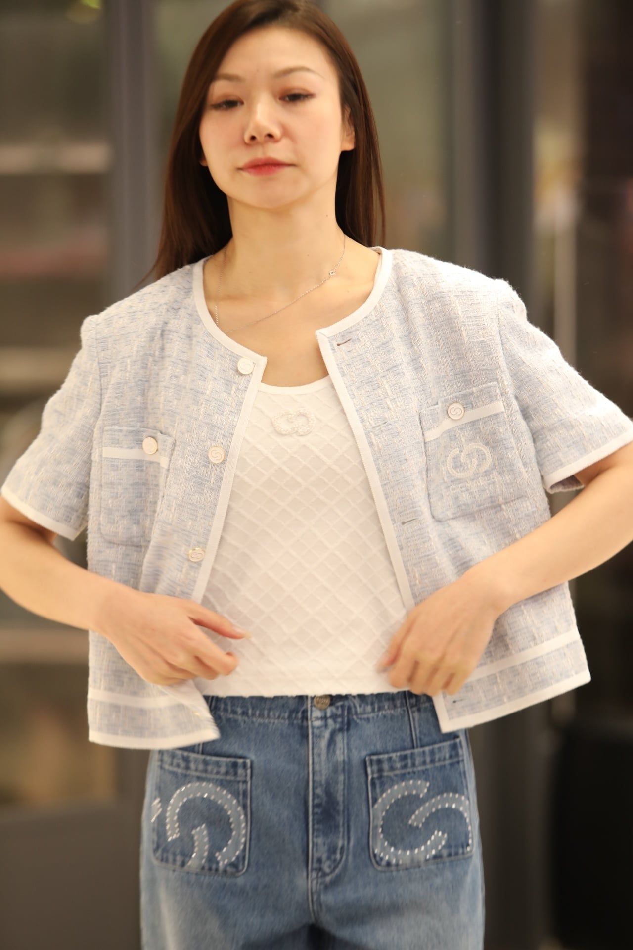  1.Áo tweed 2 túi ngực - xanh nhạt viền trắng 