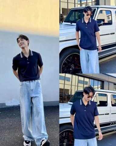  Áo polo xanh navy Nam CC - cổ viền trắng 