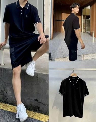  Áo polo đen Nam CC - cổ viền trắng chữ lồng 