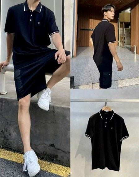  Áo polo đen Nam CC - cổ viền trắng chữ lồng 