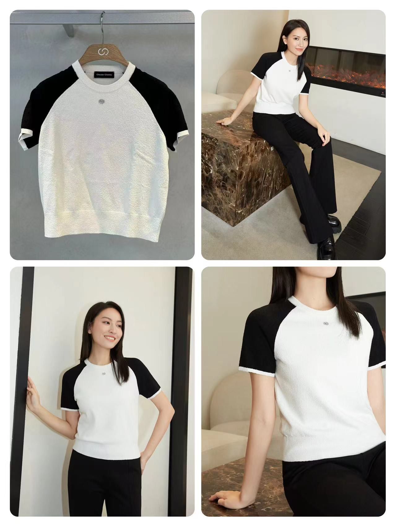  Áo len trắng tay đen - logo nhỏ đính đá 