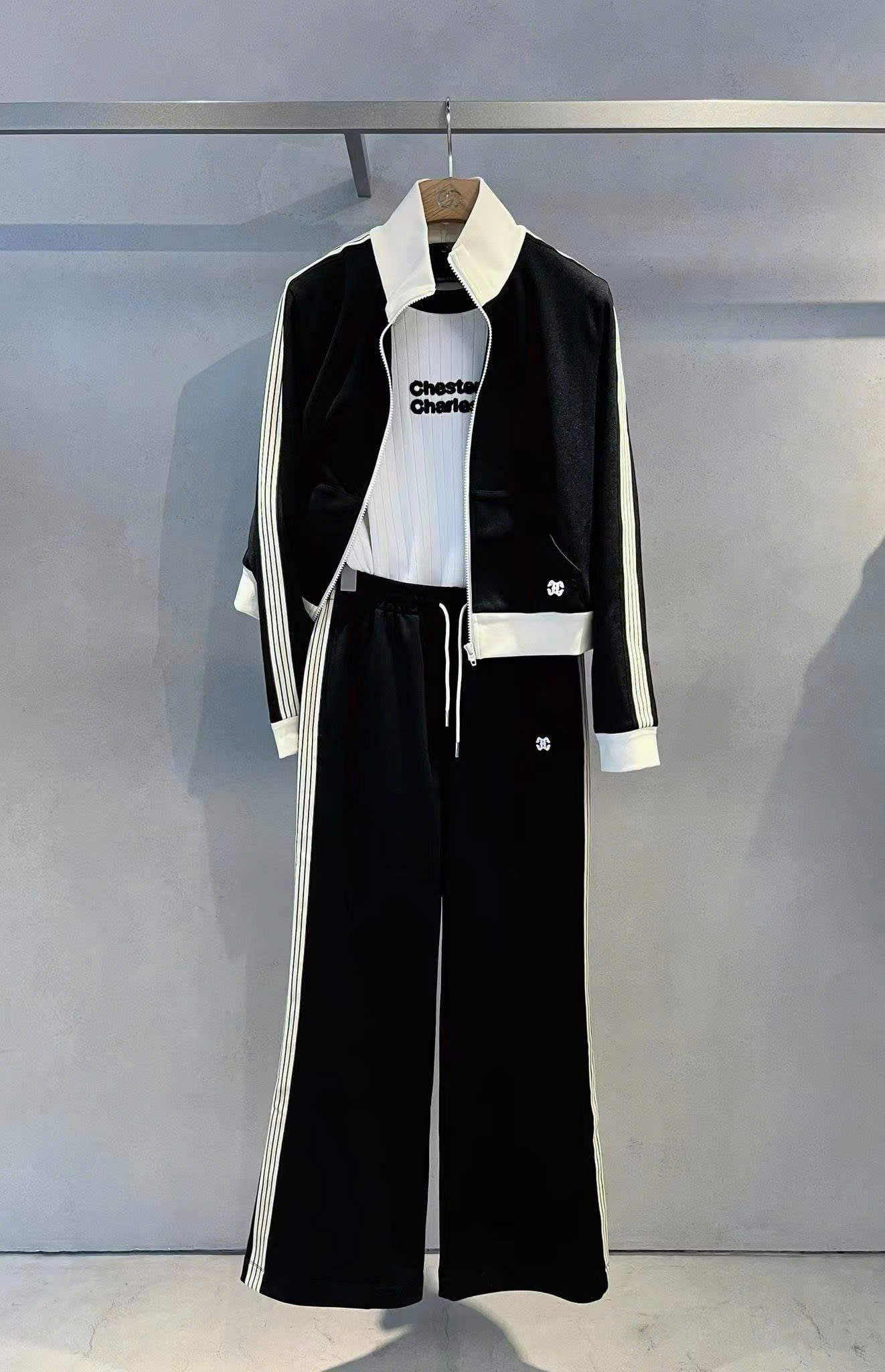  Bộ Áo khoác nỉ - 3 sọc và quần nỉ đen sọc trắng set 