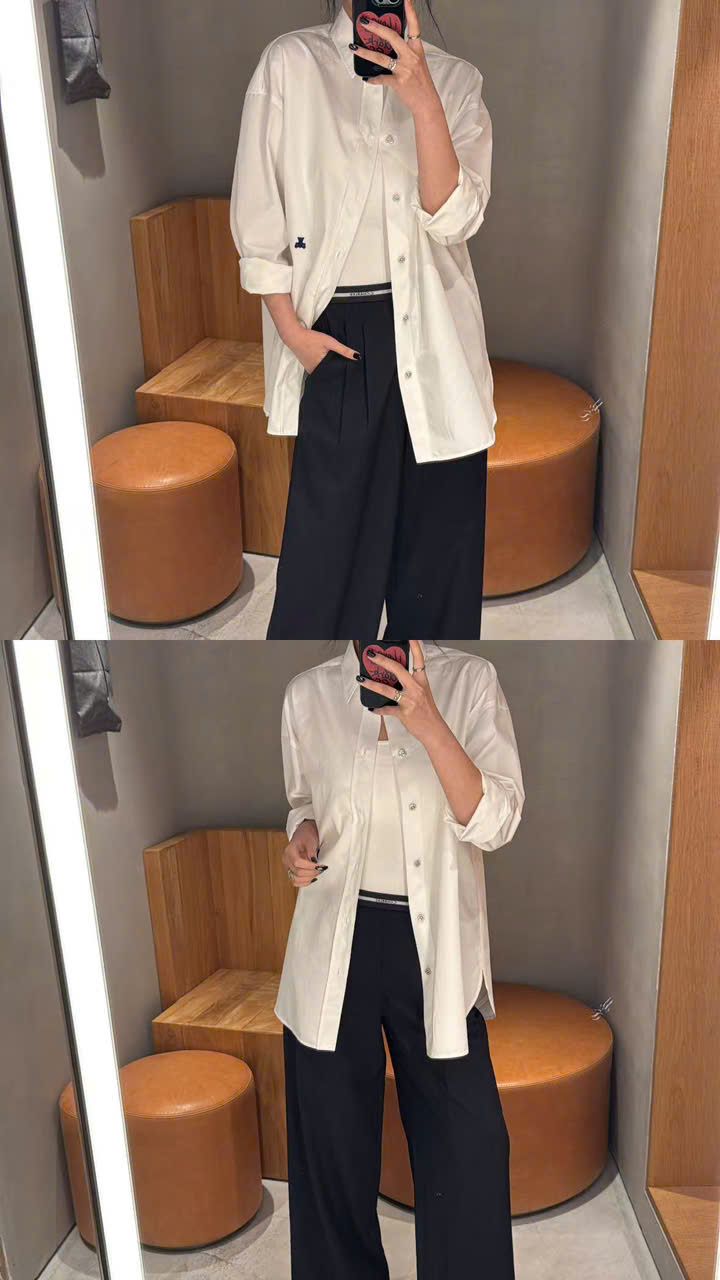  Áo sơ mi trắng dáng dài- gấu đen nhỏ 