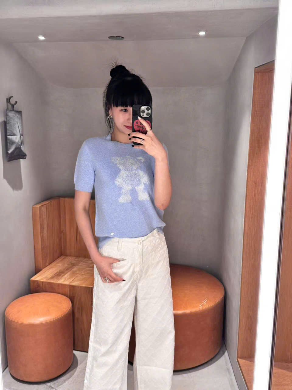  Áo xanh nhạt pastel ngắn tay logo nhỏ - gấu trắng 