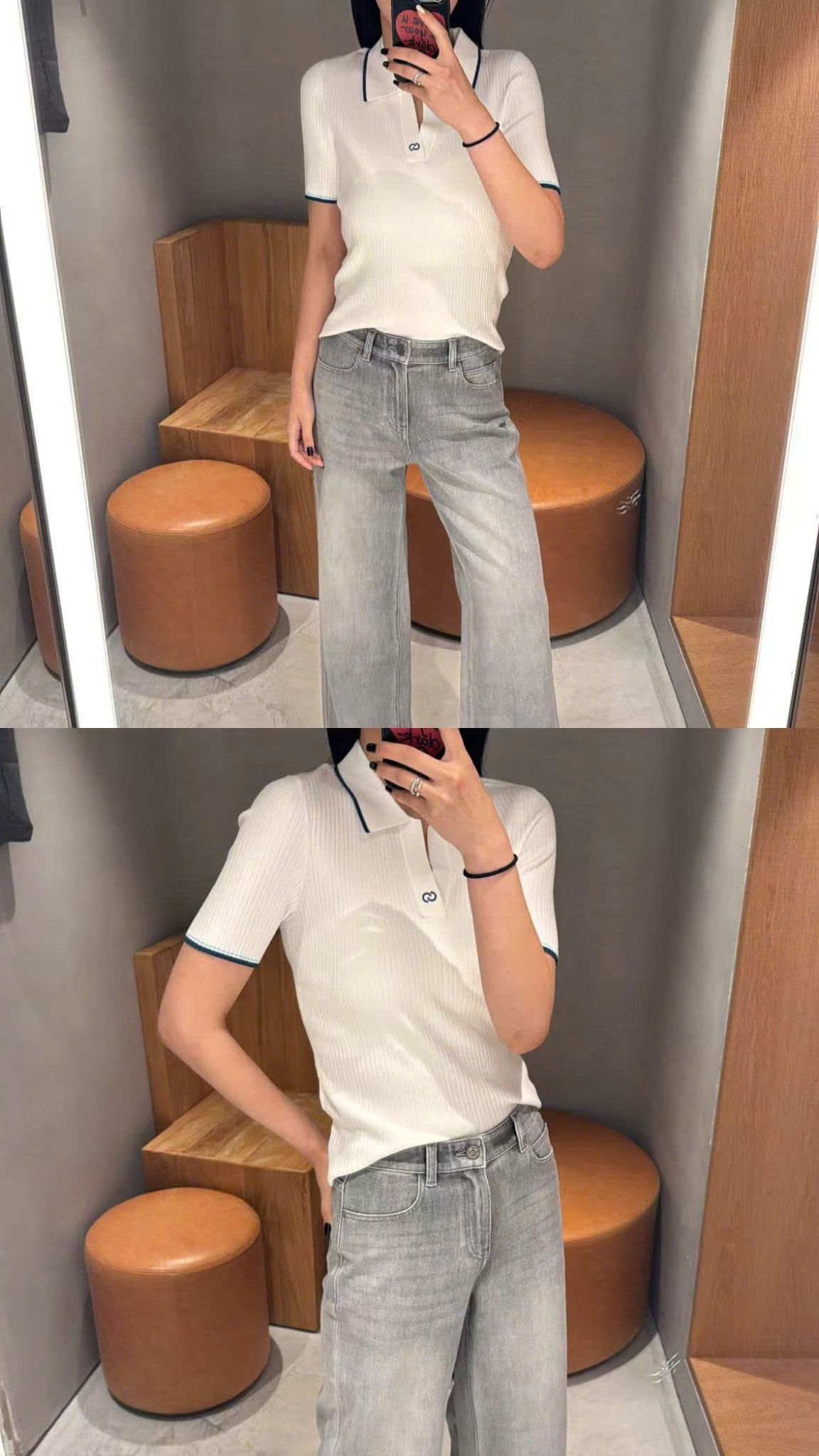  Áo polo trắng -viền xanh Navy cổ V 