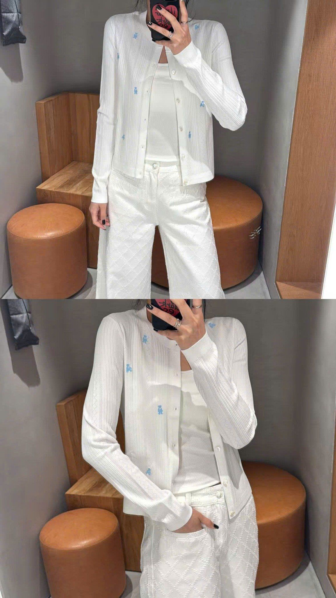  Áo CDG trắng kẻ sọc dọc, họa tiết gấu xanh 