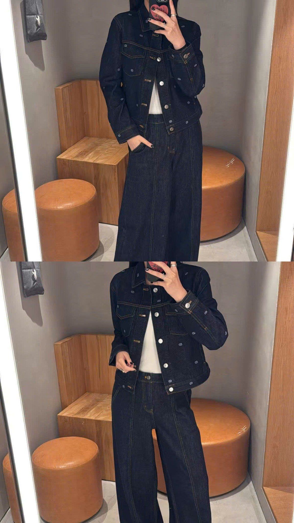  Áo khoác denim đen logo- 2 túi ngực 