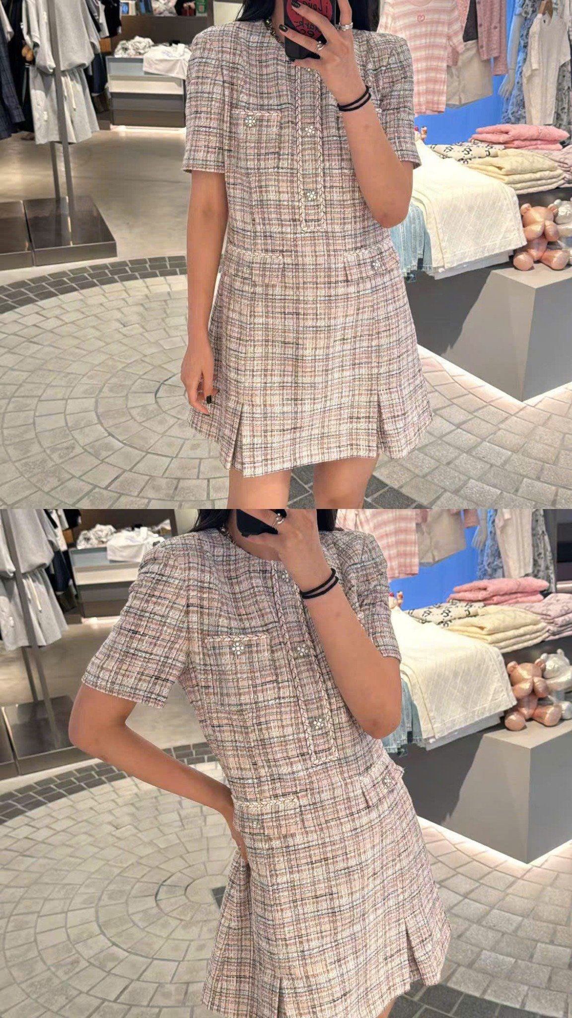  Váy tweed caro hồng - đính đá 