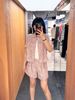  Bộ Áo tweed hồng ngắn tay - cổ V và Quần short dạ tweed hồng set 