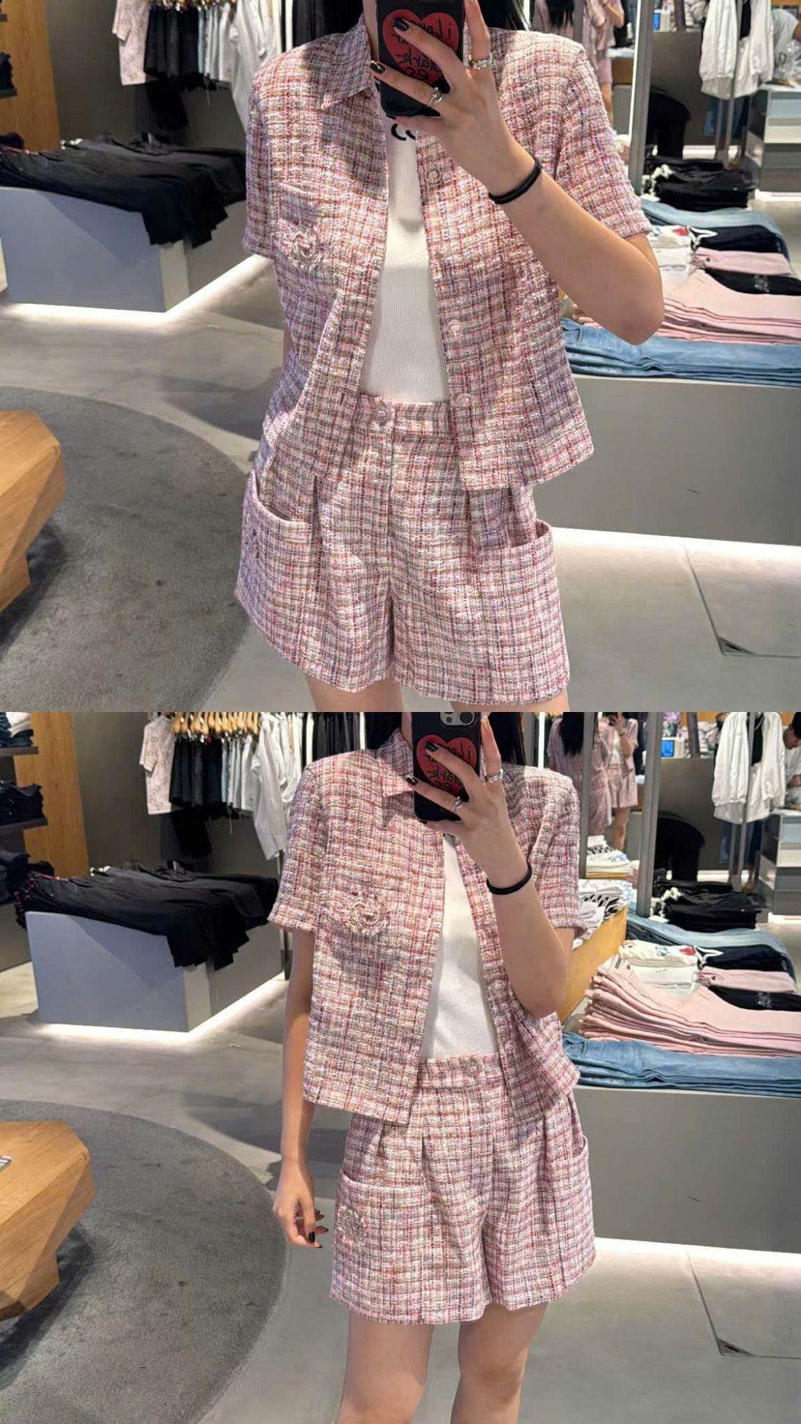  Bộ Áo tweed hồng ngắn tay - cổ V và Quần short dạ tweed hồng set 