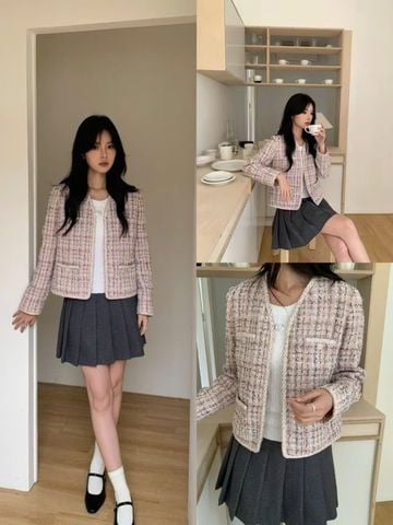  Áo dạ tweed hồng phấn, cổ V 