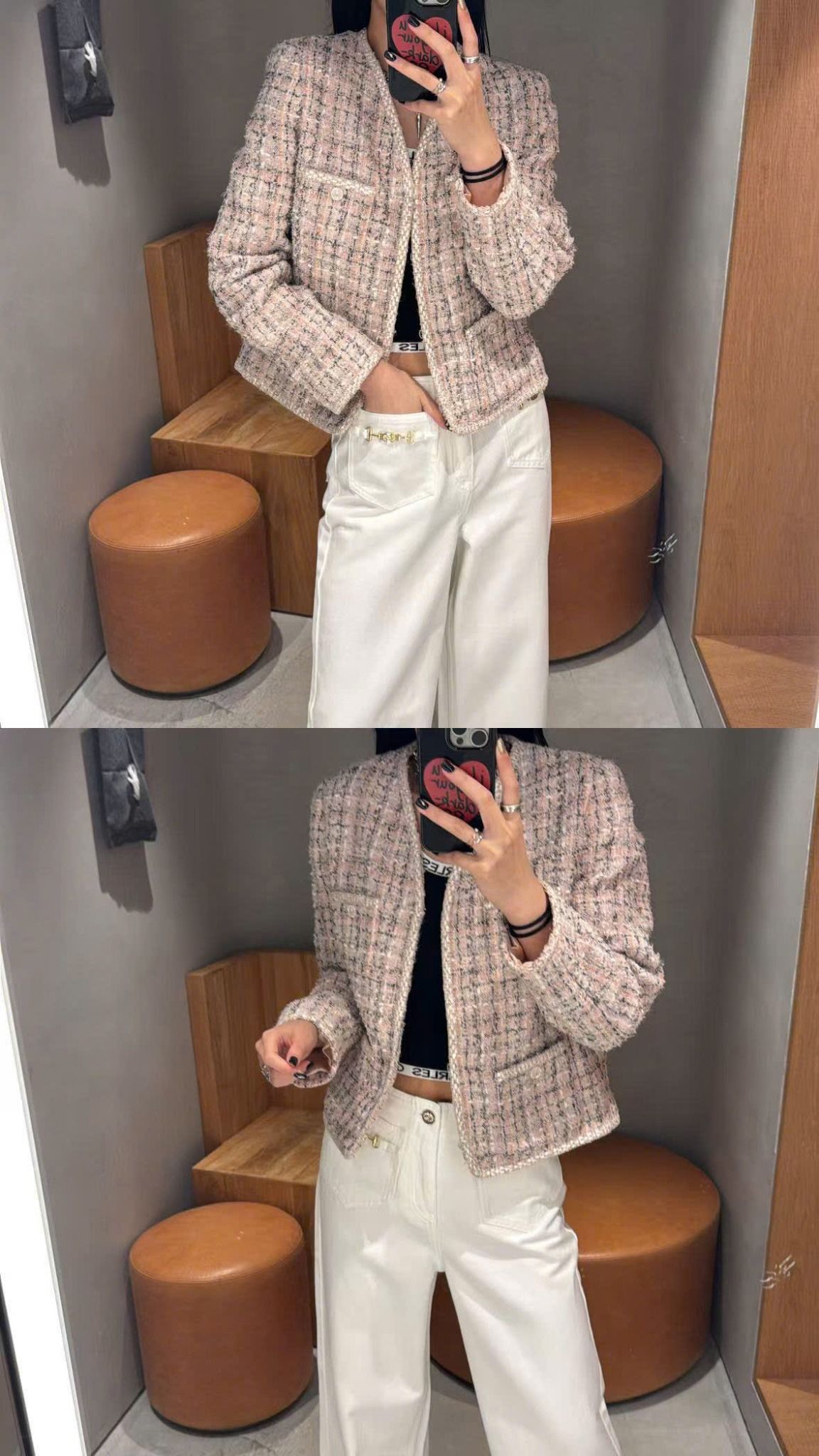  Áo dạ tweed hồng phấn, cổ V 