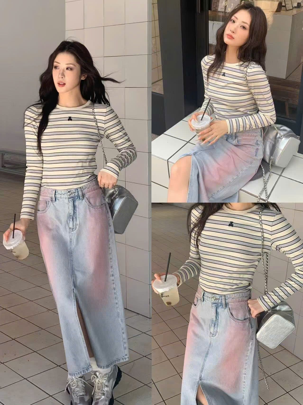  Chân váy jean dài mài hồng - xẻ giữa 