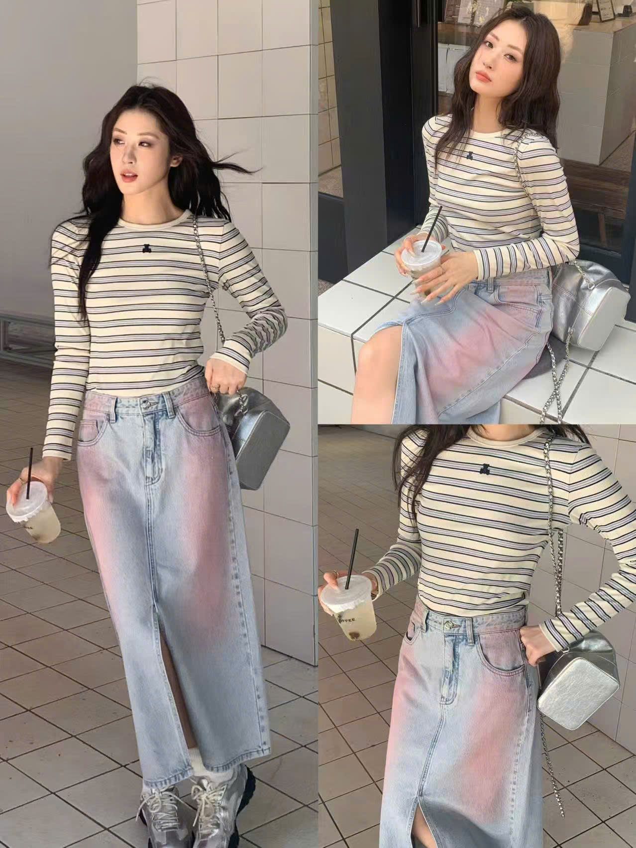  Áo thun kẻ ngang gấu đen nhỏ trước ngực 