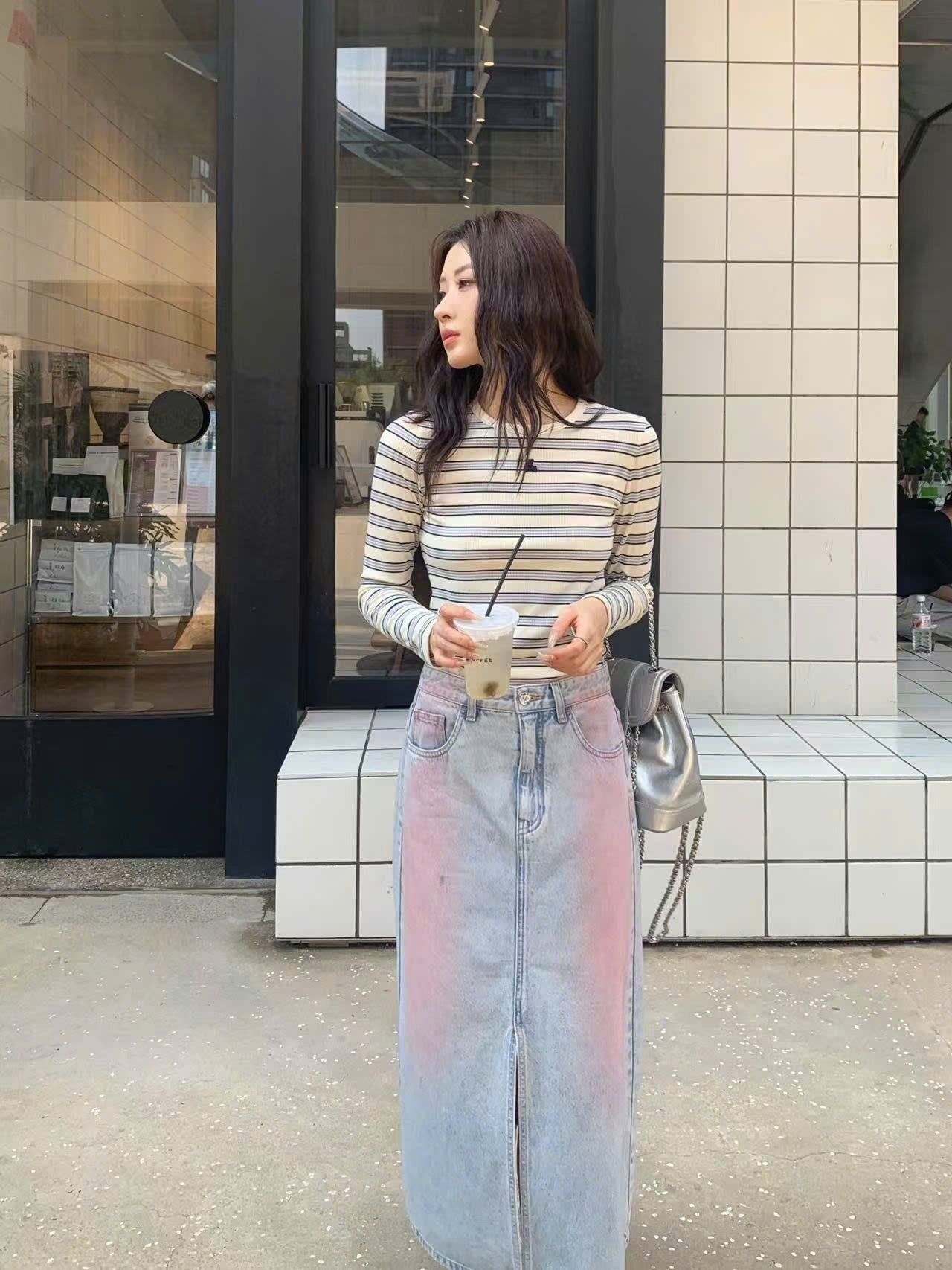  Chân váy jean dài mài hồng - xẻ giữa 