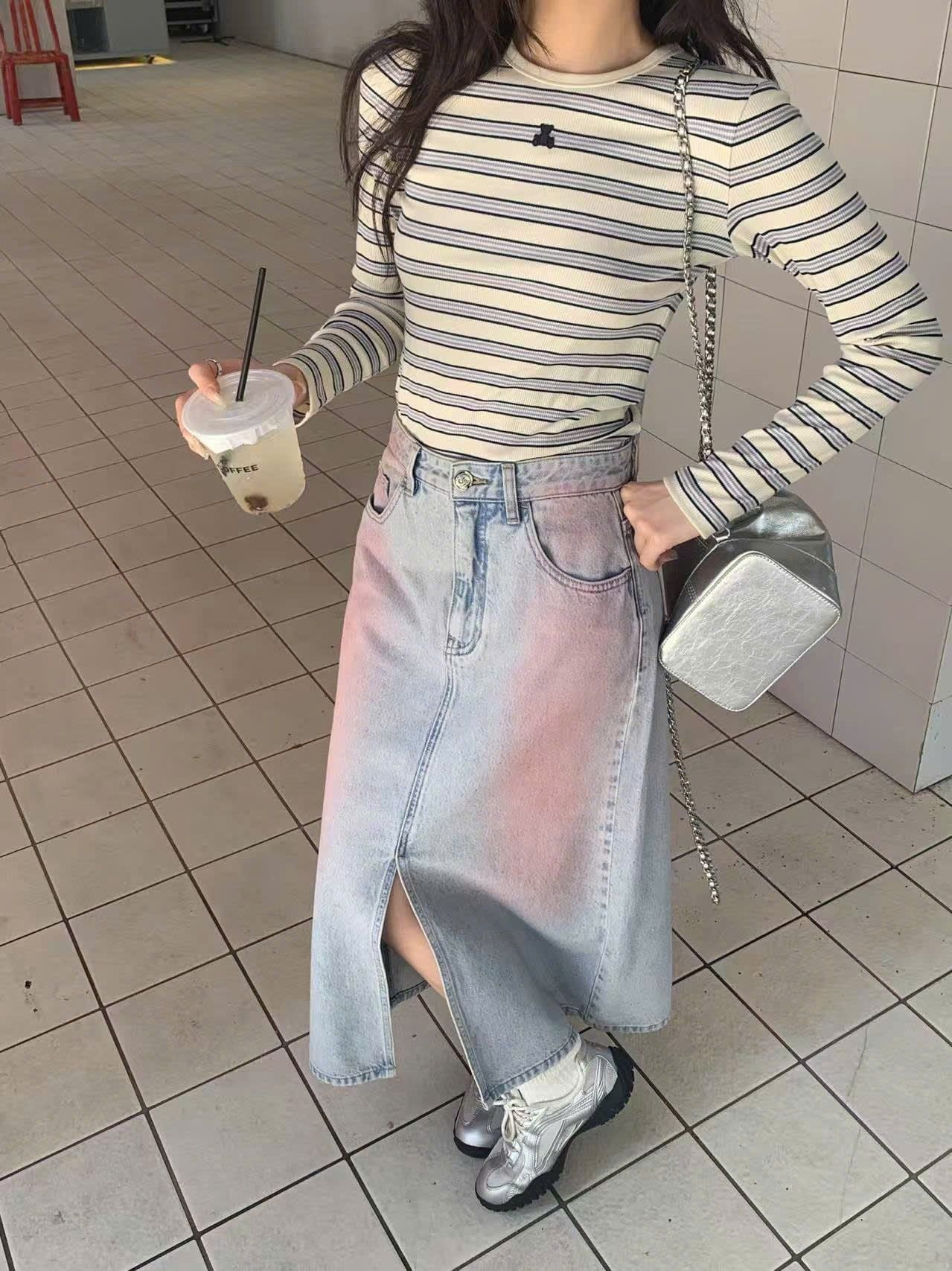  Chân váy jean dài mài hồng - xẻ giữa 