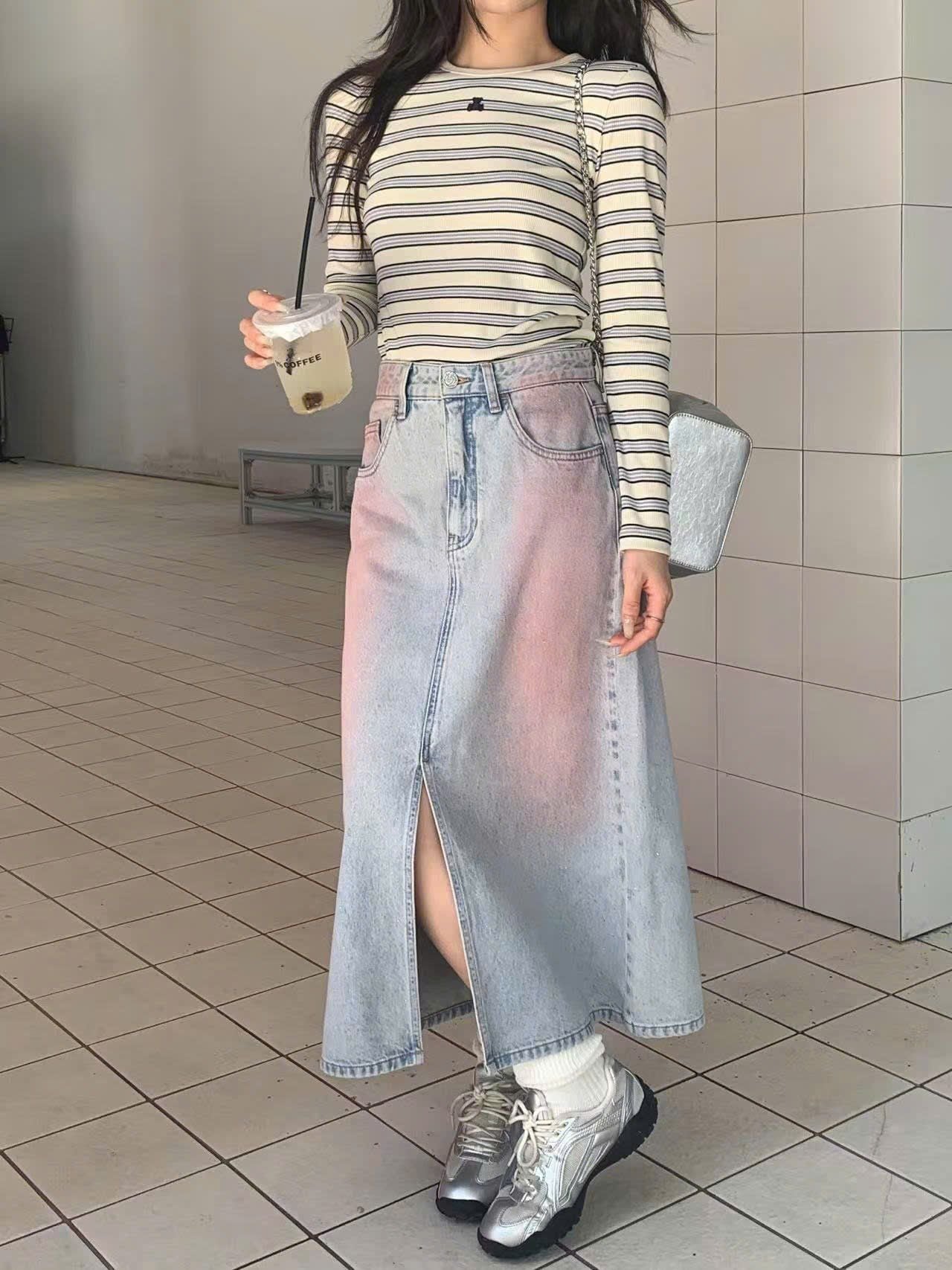  Chân váy jean dài mài hồng - xẻ giữa 