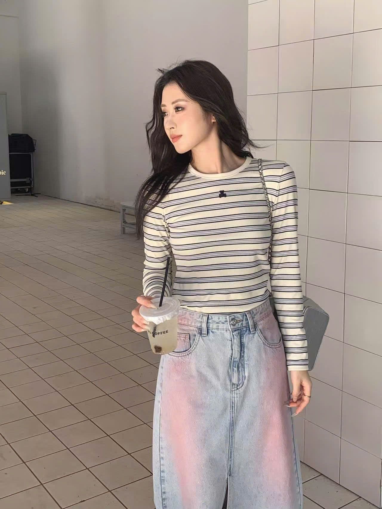  Chân váy jean dài mài hồng - xẻ giữa 