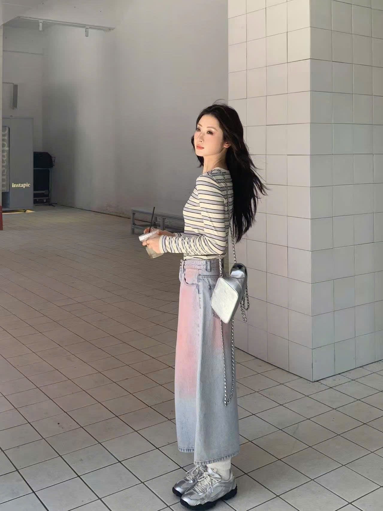  Chân váy jean dài mài hồng - xẻ giữa 