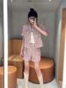  Bộ Áo tweed hồng ngắn tay - cổ V và Quần short dạ tweed hồng set 