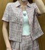  Bộ Áo tweed hồng ngắn tay - cổ V và Quần short dạ tweed hồng set 