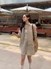  Bộ Áo sơ mi và quần sooc cạp chun - nâu tây logo trắng set 