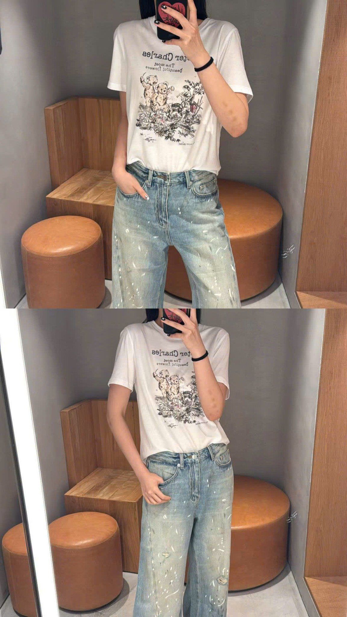  4.Áo phông trắng họa tiết gấu xám hồng nhẹ 