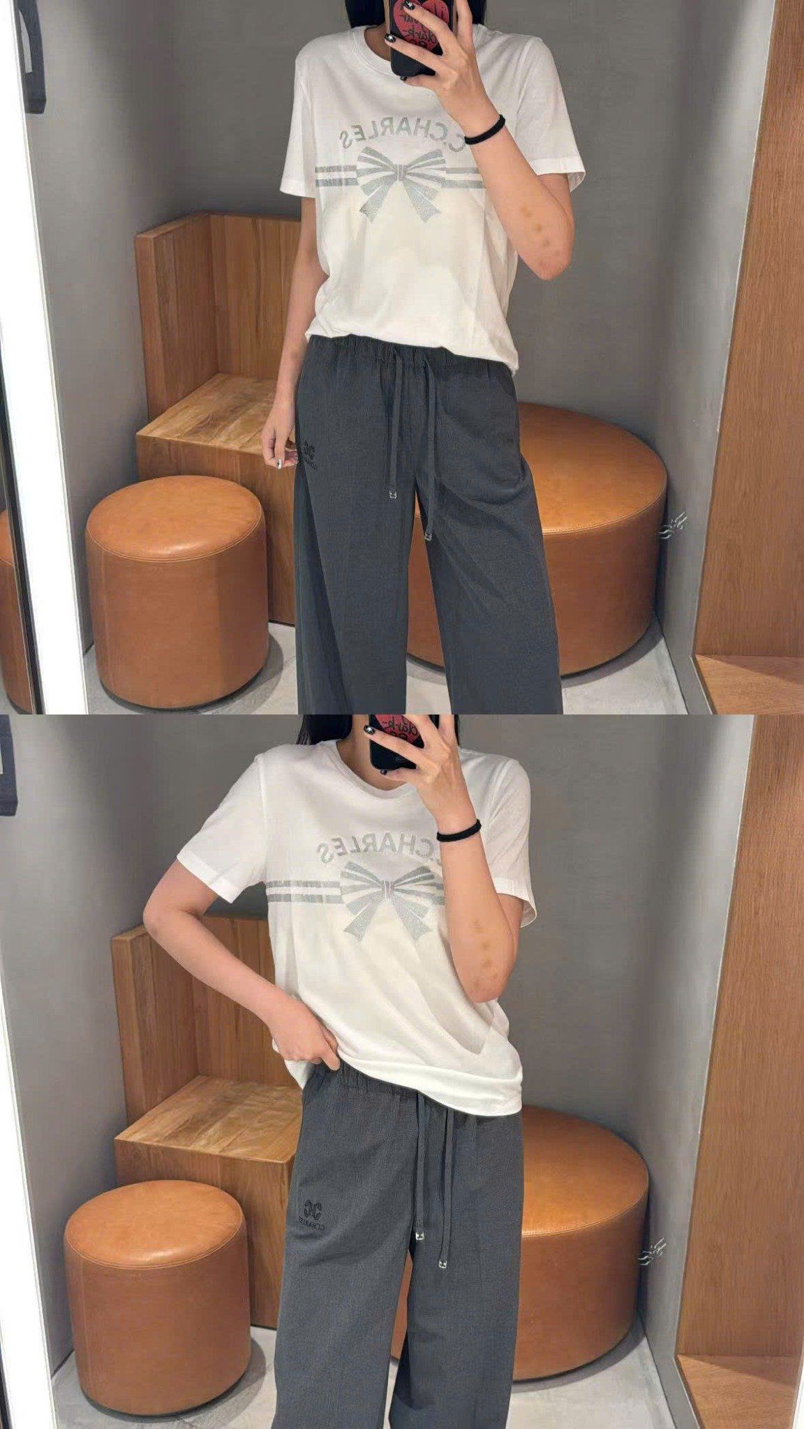  5. Áo phông trắng nơ xám ngang áo 