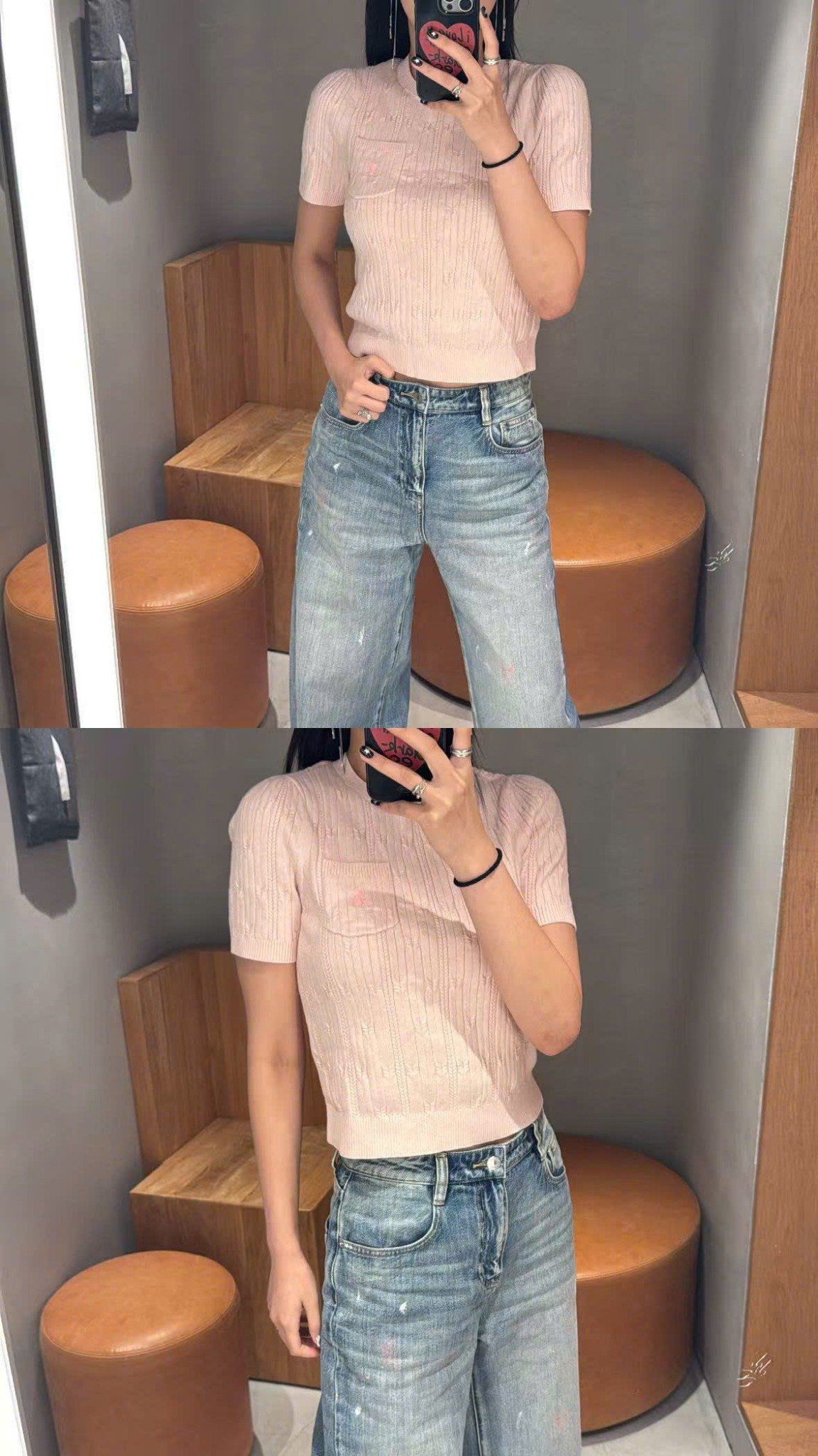  3.Áo hồng baby, vân sọc túi gấu 1 bên 