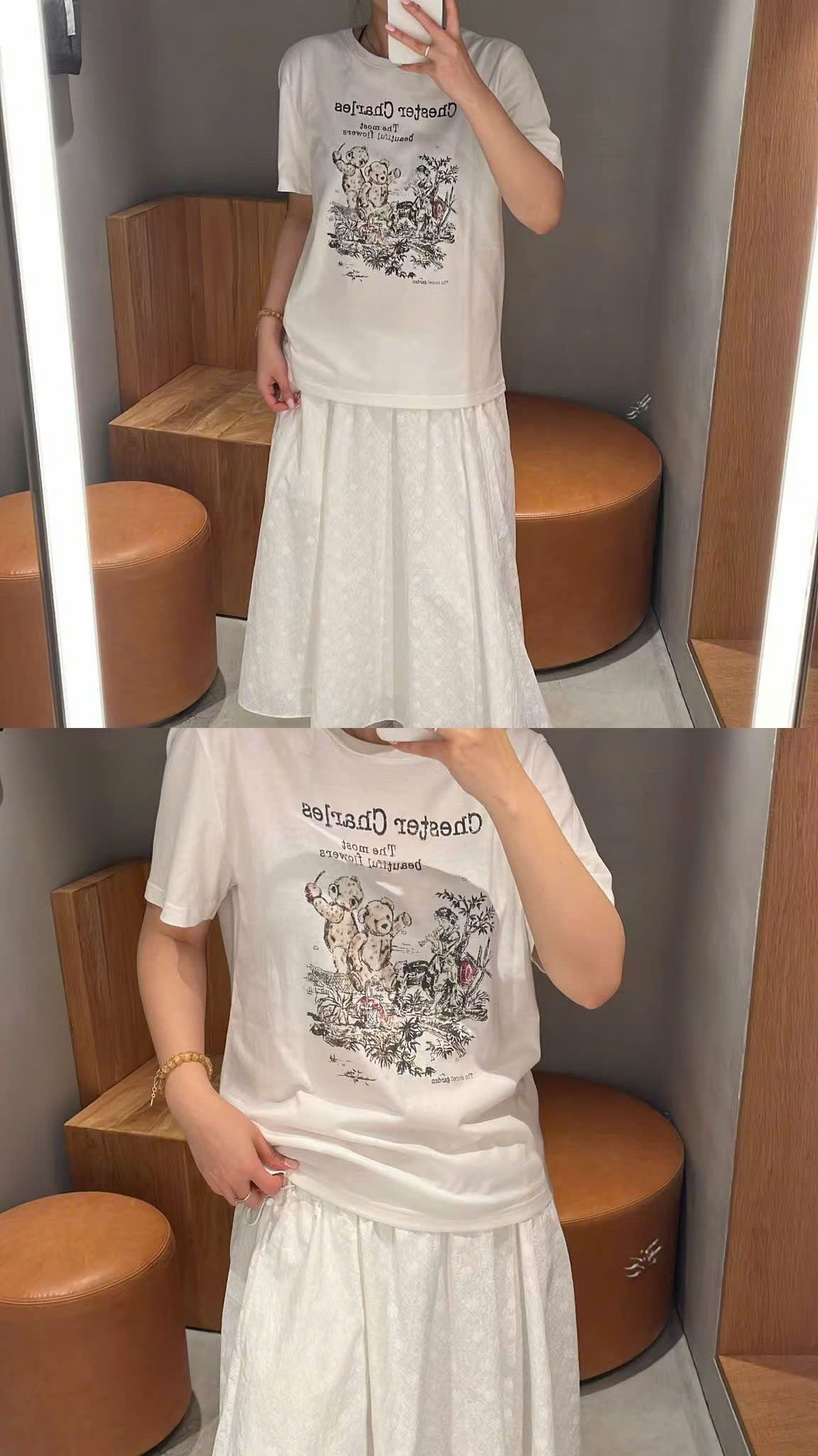  4.Áo phông trắng họa tiết gấu xám hồng nhẹ 