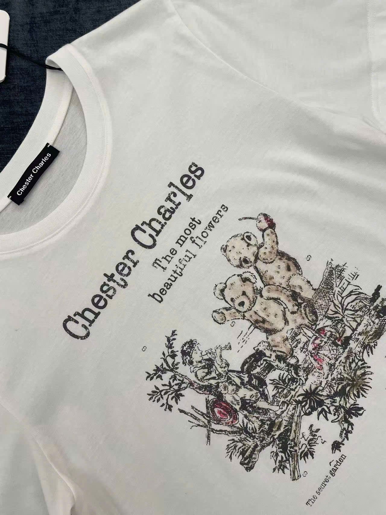  4.Áo phông trắng họa tiết gấu xám hồng nhẹ 